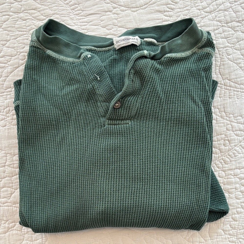 Sostanza Men's Green Waffle Knit Long Sleeve Shirt